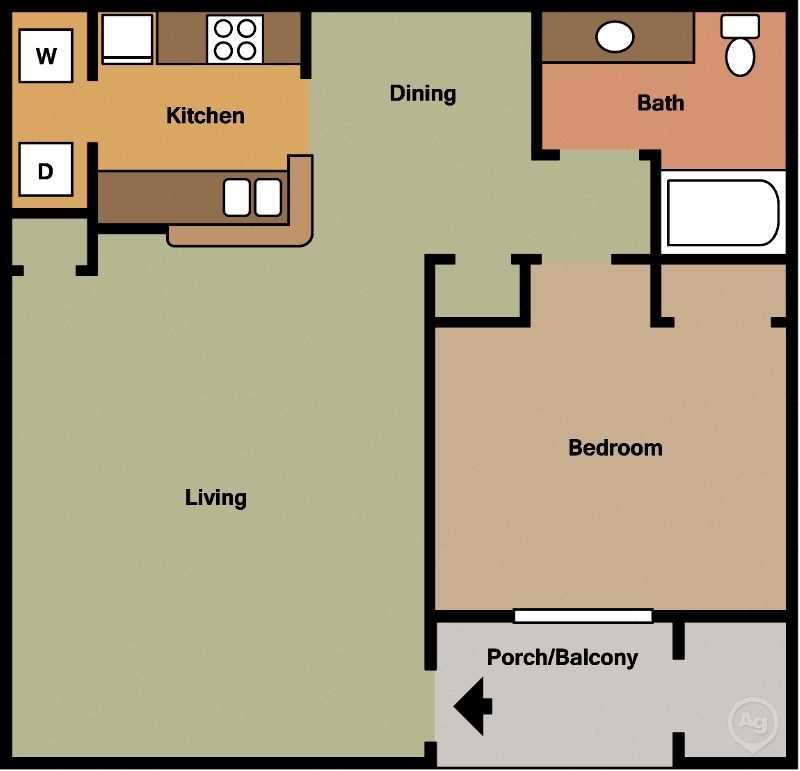 Floor plan for 1 bed, 1 bath, 940 sqft